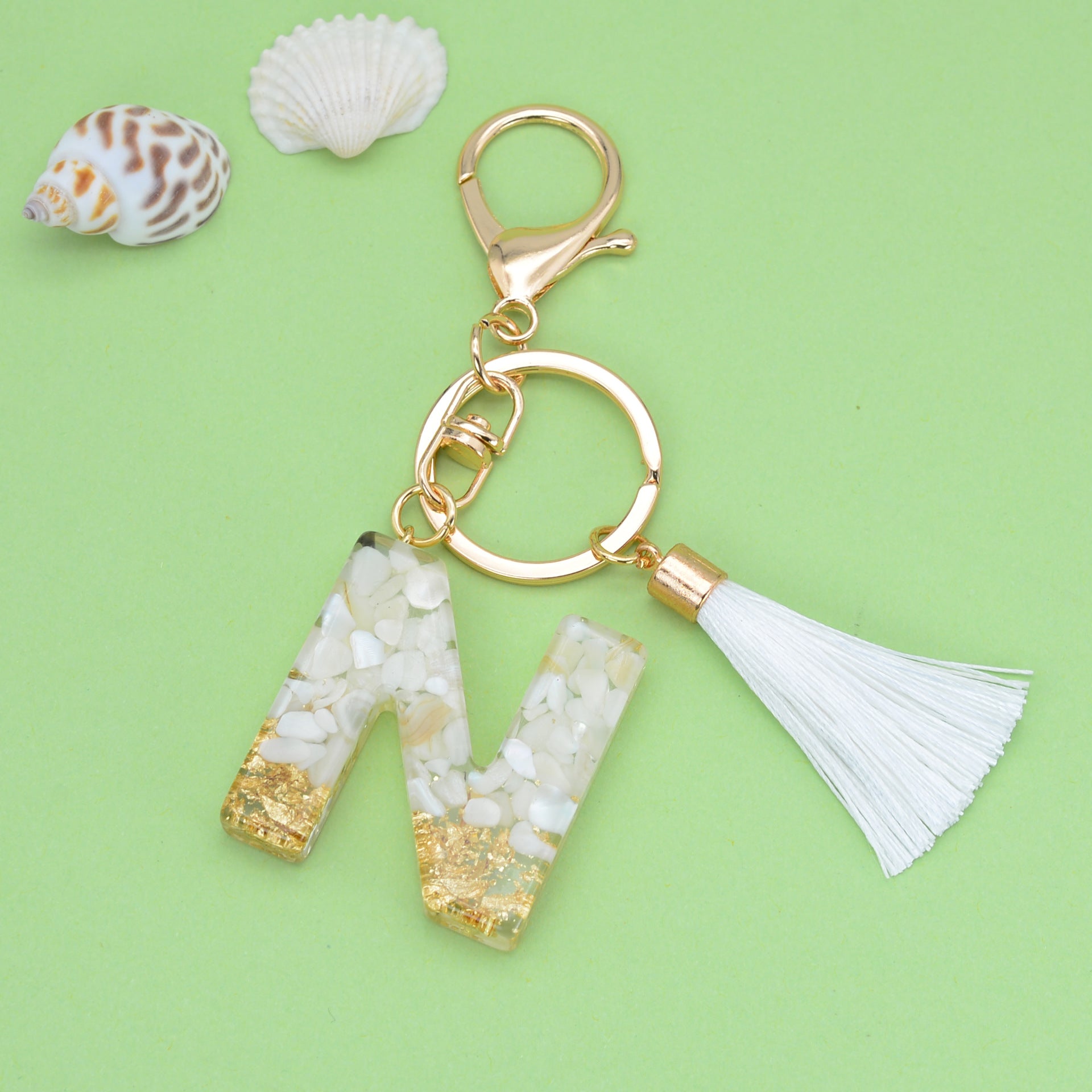Wholesale White Tassel 26 Letter Crystal Resin Keychain