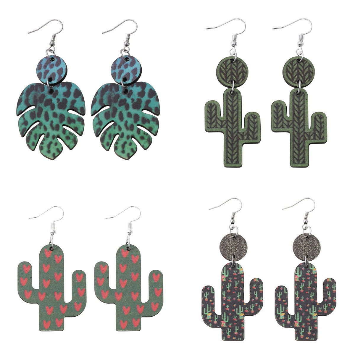 Wholesale Hawaiian Style Tropical Turtle Leaf Cactus Wooden Earrings