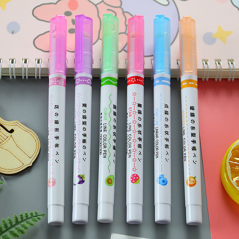 Wholesale 6-color Ledger Lace Pen, Wave Shaped Plastic Fluorescent Marker Pen