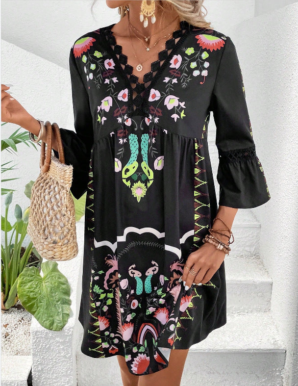 Wholesale V-neck Lace Splicing Casual Versatile Printed Dress
