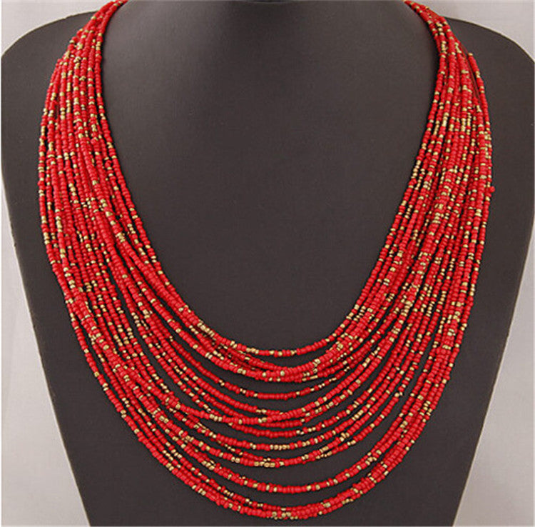 Wholesale 12pcs/pack Vintage Bohemian Multi-Layered Rice Bead Necklace