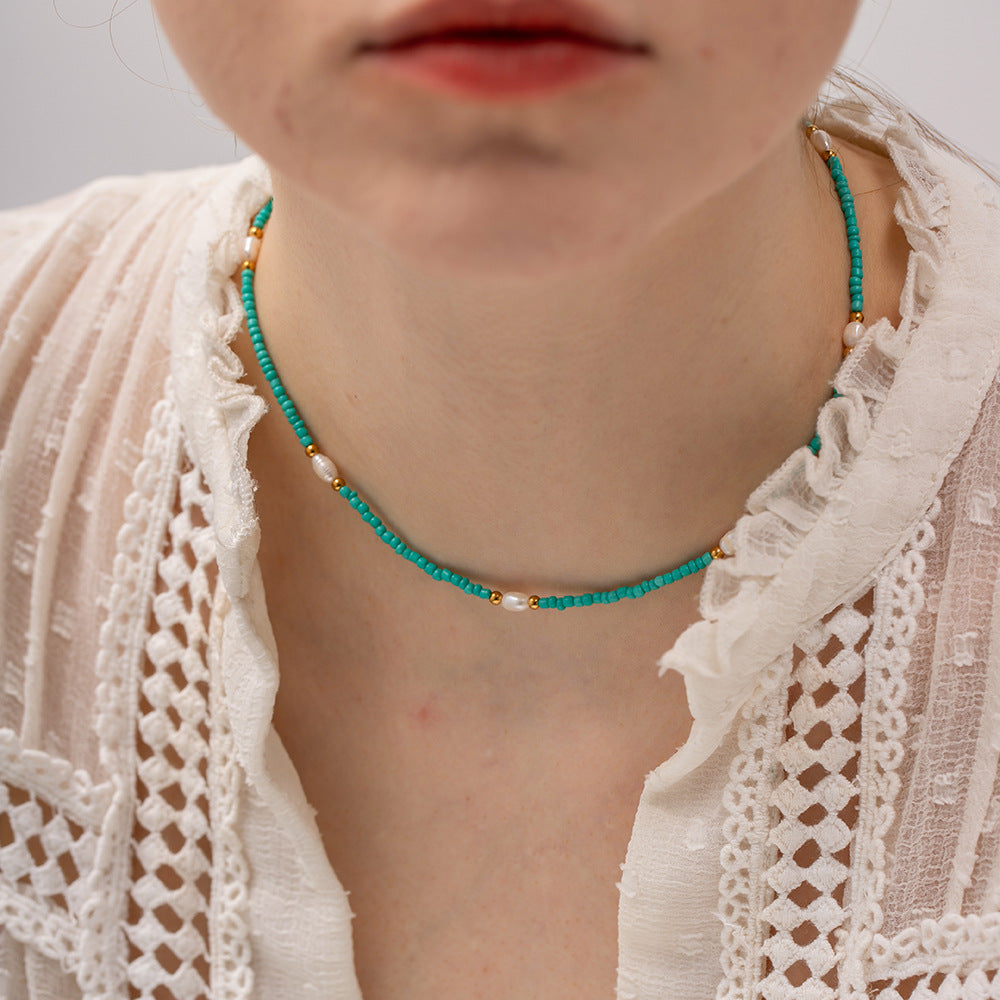 Wholesale Titanium Steel White Pearl Blue Color Millet Beads Necklaces