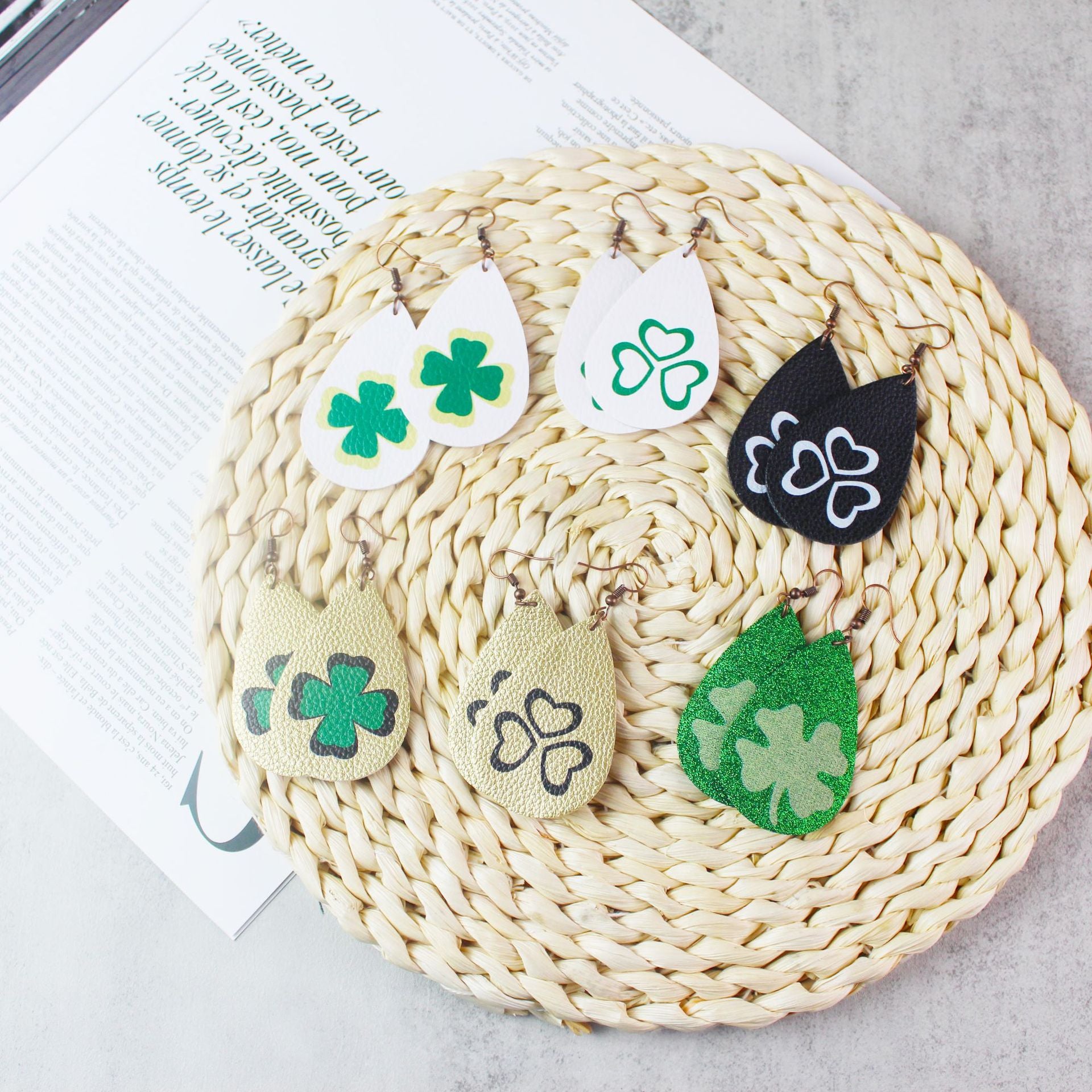 Wholesale St. Pa Festival Clover Leather Printed PU Earrings Drops Earrings