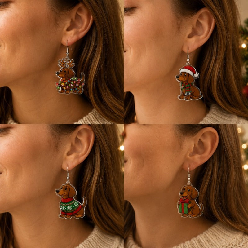 Wholesale Trendy Acrylic Pendant Earrings Reindeer Dachshund Red Green Contrast Jewelry Accessory