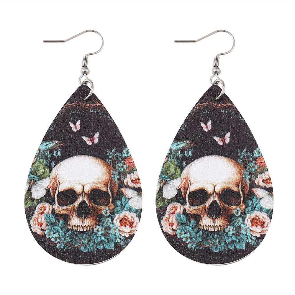 Wholesale Leaves Flower Butterfly Skull Earrings Double Sided PU Leather Water Drop Earrings