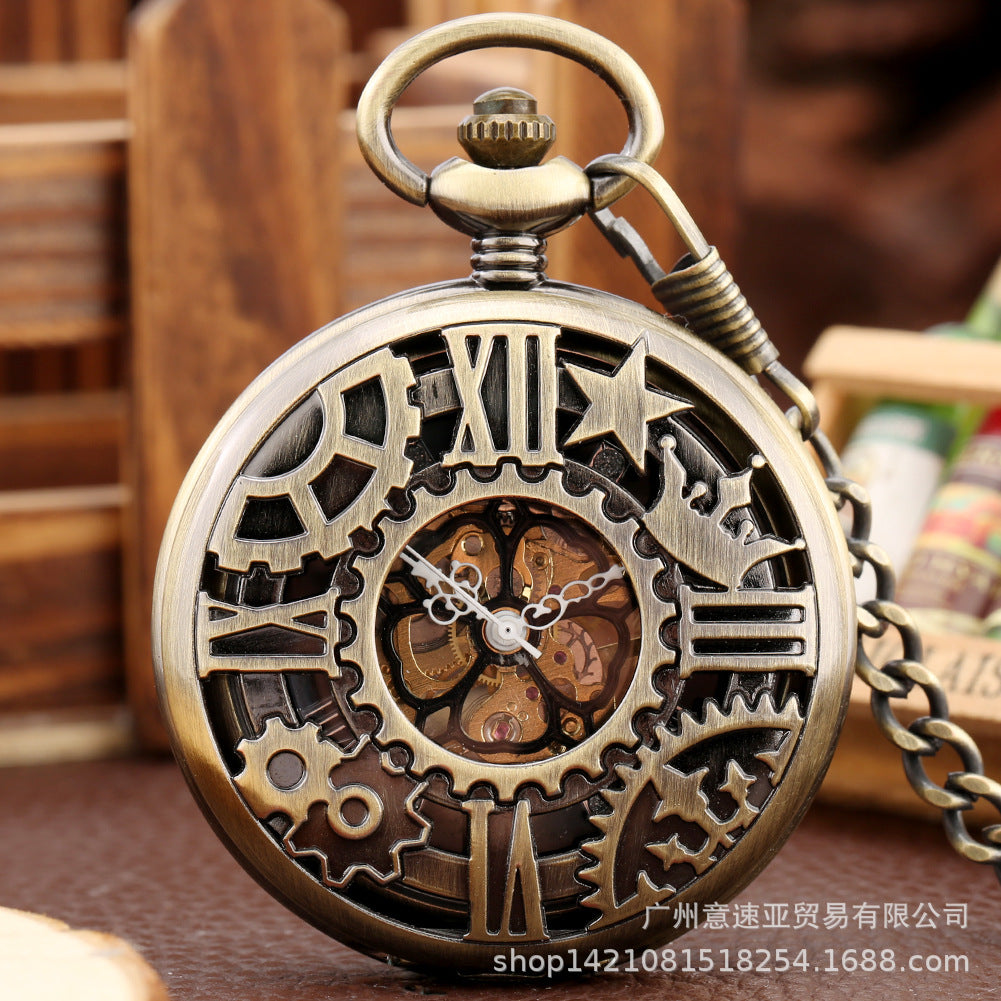 Wholesale New Retro Flip Hollow Necklace Pocket Watch Red Bronze Hollow Gear Roman Face Men's and Women's Mechanical Pocket Watch