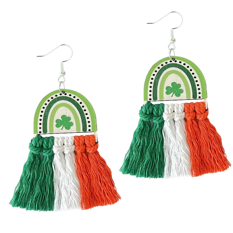 Wholesale 2 Pairs/pack St. Patrick's Day Rainbow Clover Braided Tassel Wooden Earrings