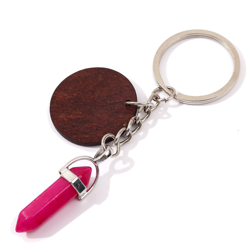 Wholesale Stone Crystal Hexagonal Pillar Round Wood Chip Keychain