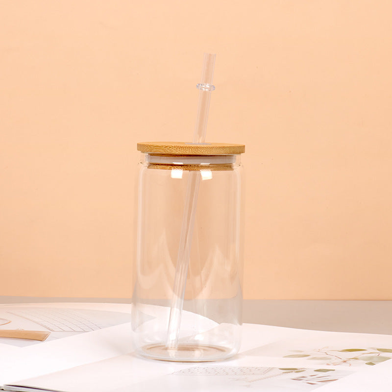 Wholesale Sublimation Mason Glass 12oz/16oz Coke Cup Cans Frosted Straws Single and Double Glass Bamboo Cover Cup