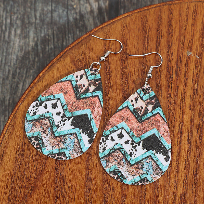 Wholesale Vintage Western Cow Pattern Droplet Leather Earrings