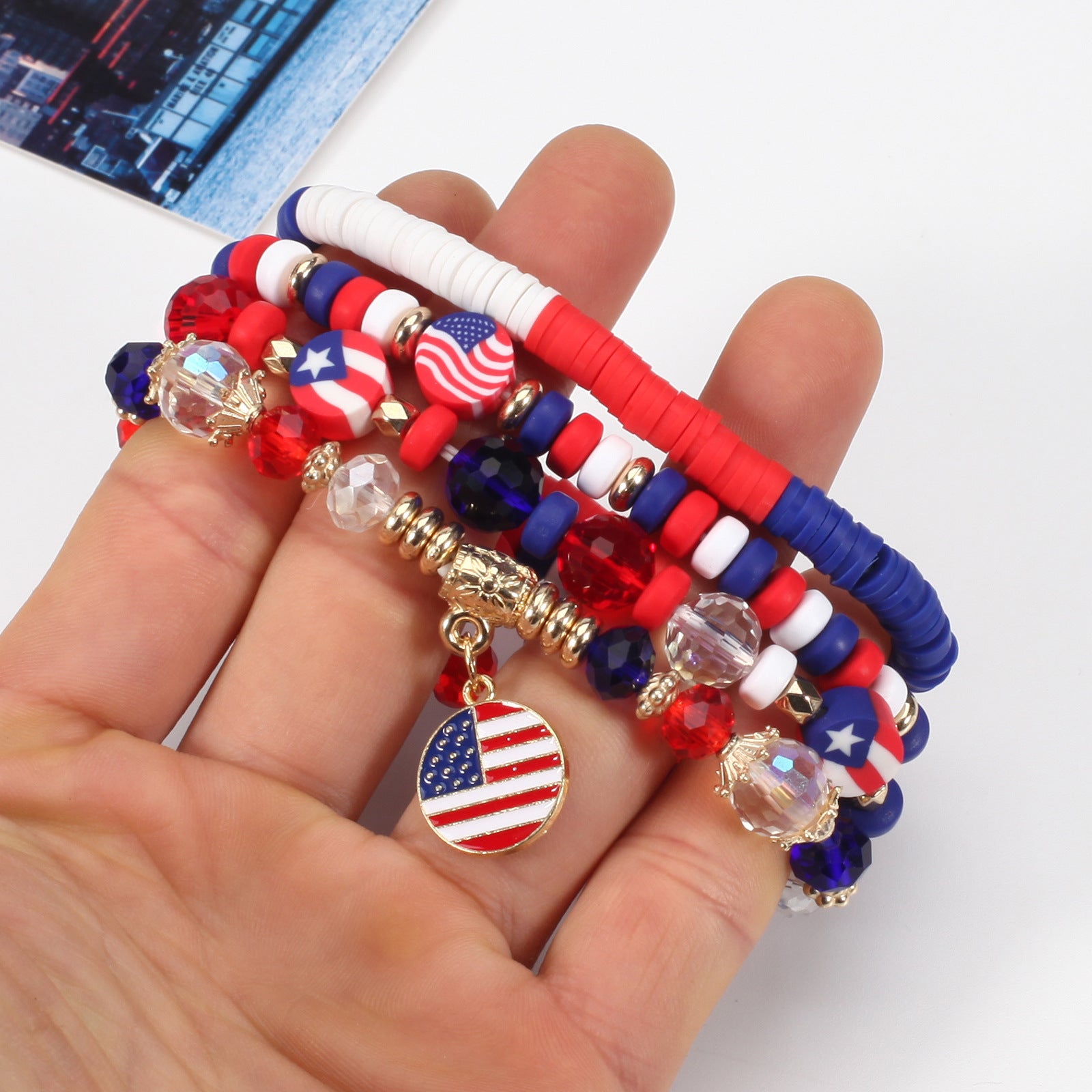 Wholesale American Independence Day Multi-layer Beaded Elastic Bracelet