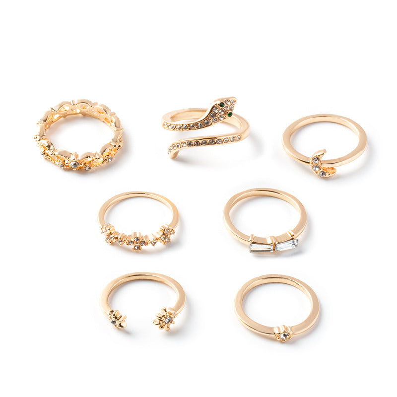 Wholesale Refers To The 7-piece Combination Set of Stars, Moons, Gemstones, and Snake Shaped Rings