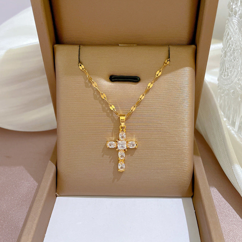 Wholesale Titanium Steel Micro-paved Light Luxury Zircon Cross Necklace Clavicle Chain