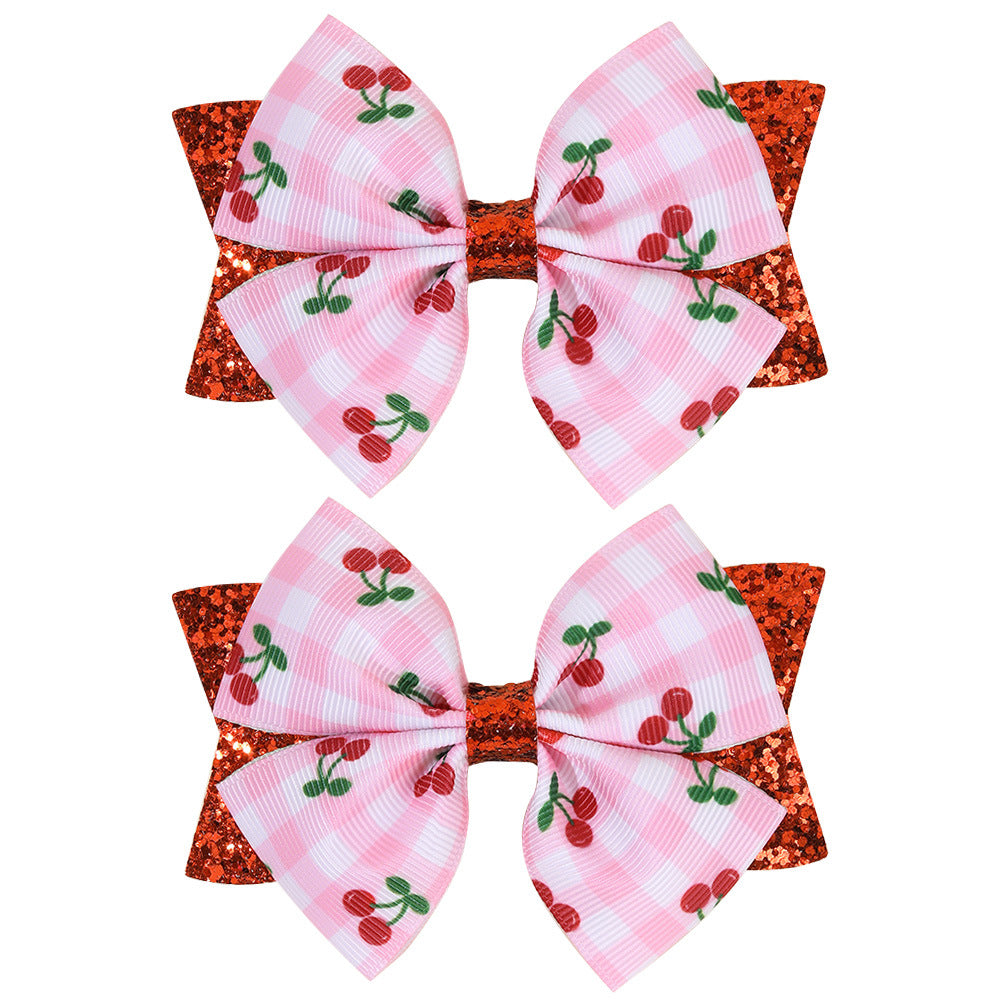 Wholesale Pink Plaid Cherry Print Bow Hairpin