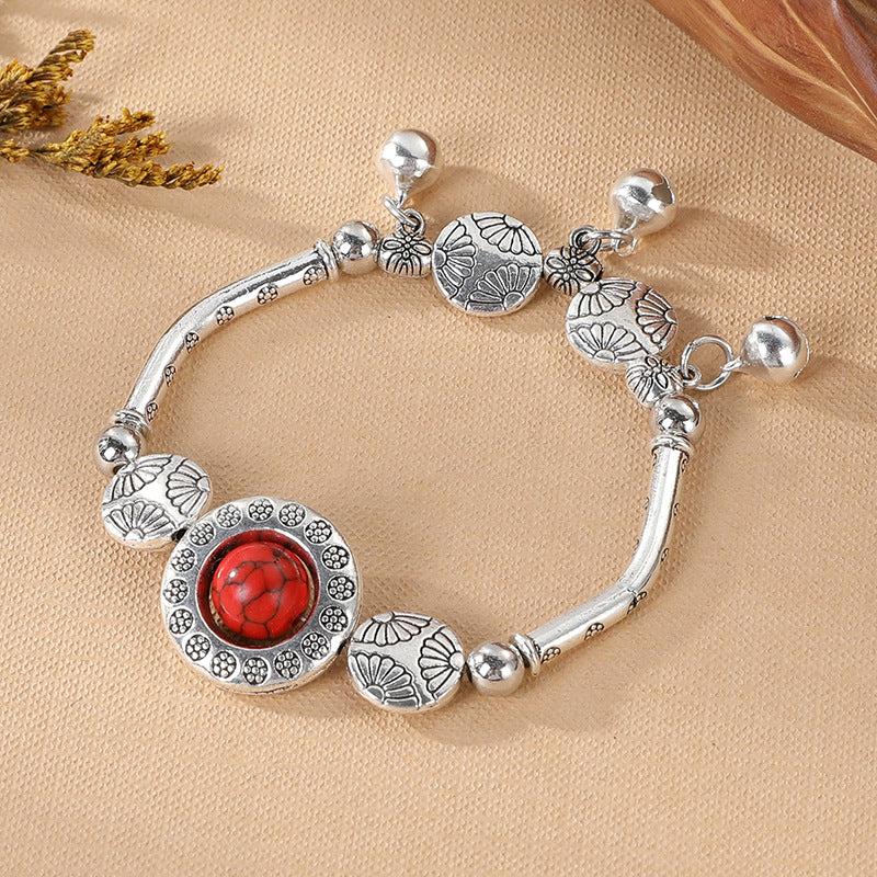 Wholesale Vintage Handmade Miao Bracelet Silver Tone Alloy With Turquoise Blue Accents Fashion Jewelry Accessory Travel Souvenir Gift