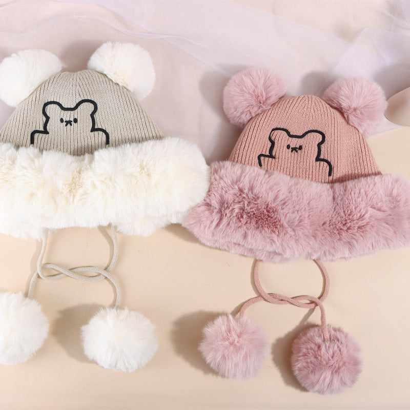 Wholesale 2023 Winter New Knitted Plus Velvet Embroidery Bear Fur Ball Acrylic Thermal Hat