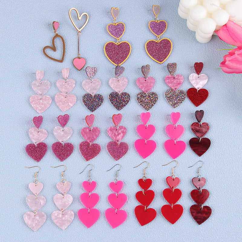 Wholesale Asymmetric long triple heart Acrylic Earrings