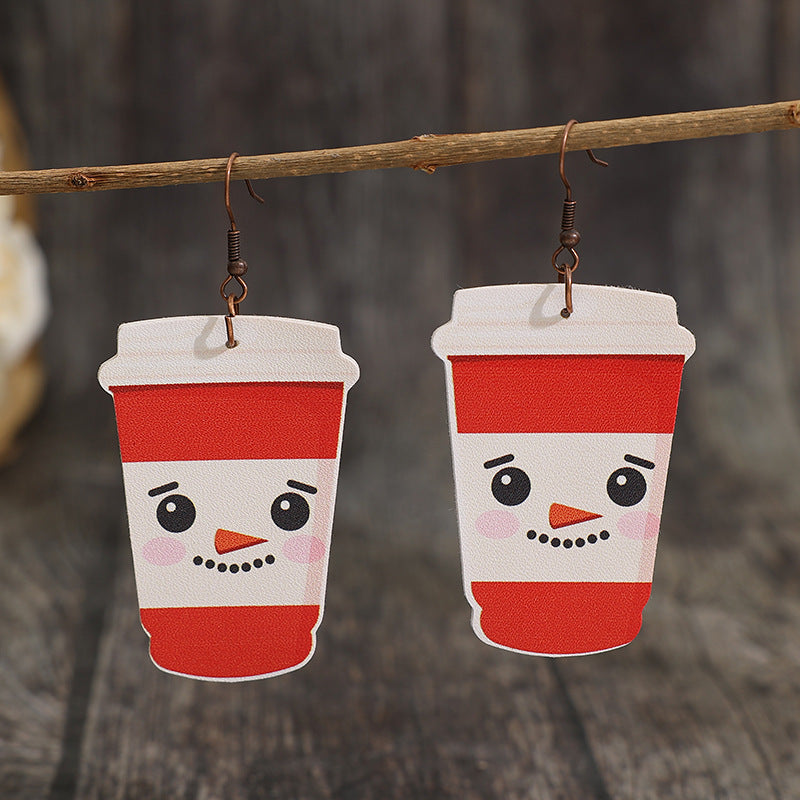 Wholesale Christmas Elk Snowman Coffee Cup Leather Earrings