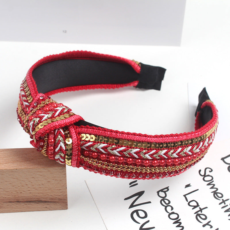 Wholesale Korea Studded Pearl Sequins National Pneumatic Drill Wide-brimmed Knot Hairband