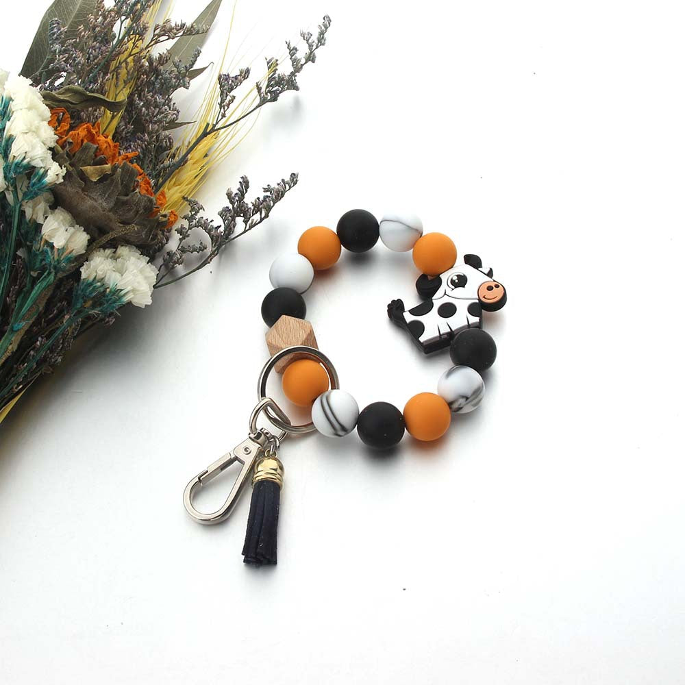 Wholesale Cartoon Bull Head Cow Silicone Beads Wooden Beads Wrist Keychain