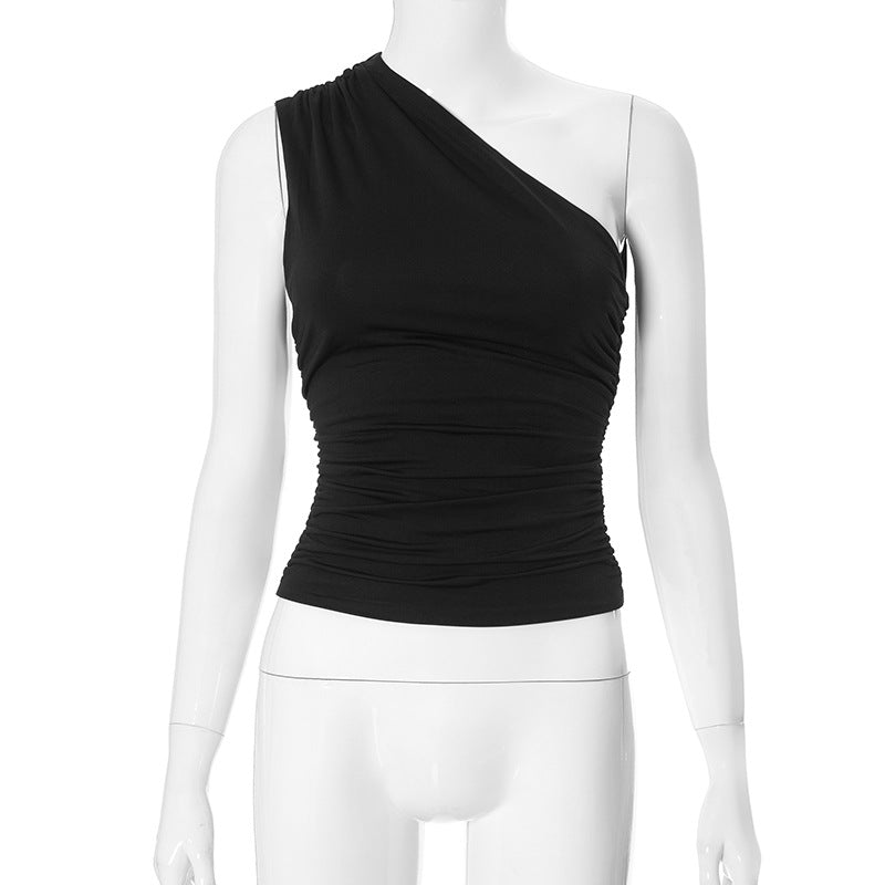 Wholesale Polyester Solid Color Single Shoulder Open Back Pleated Women's Tank Top T-shirt