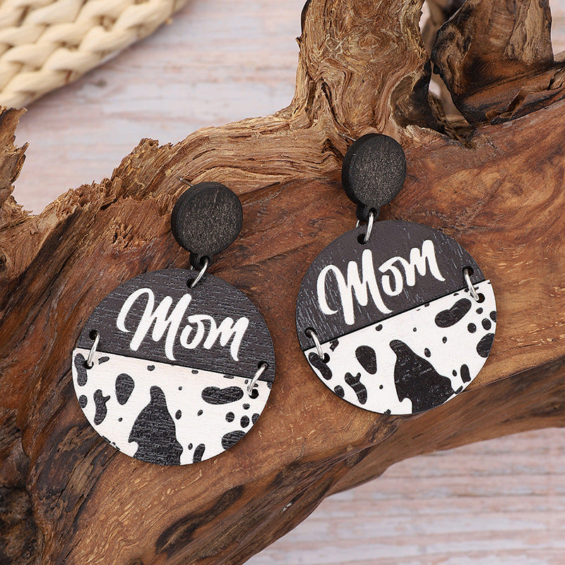 Wholesale Cow Print Leopard Print Wood Chip Mom Round Earrings