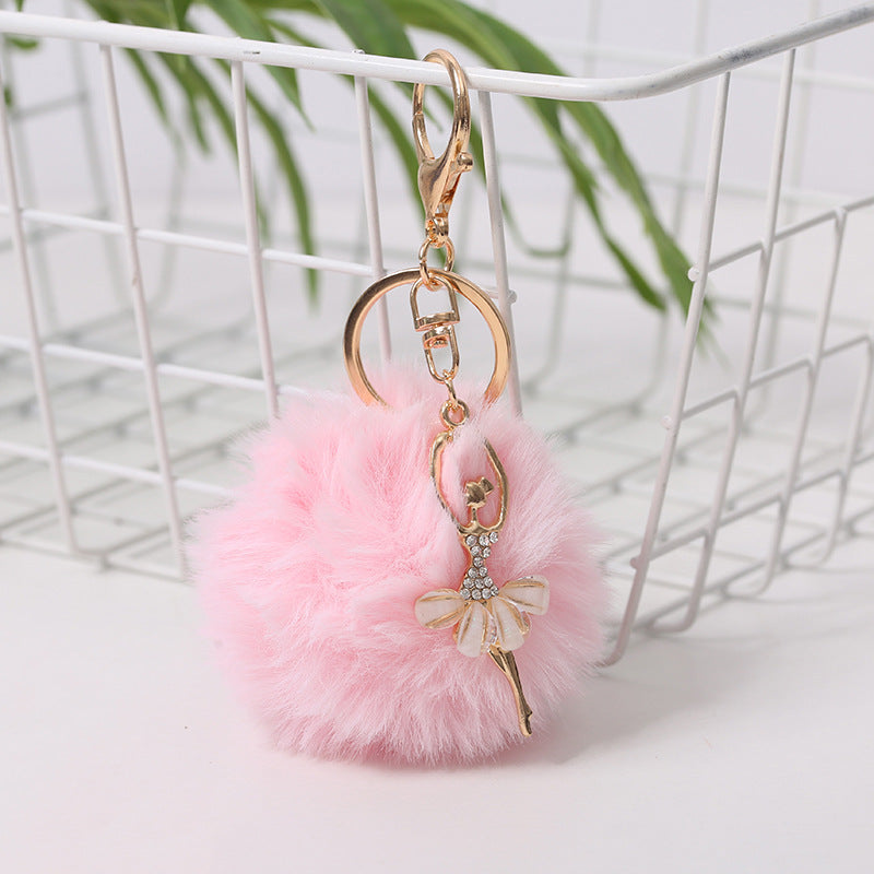 Wholesale 5pcs Cute Rhinestone Angel Ballerina Girl Pom Pom Keychain