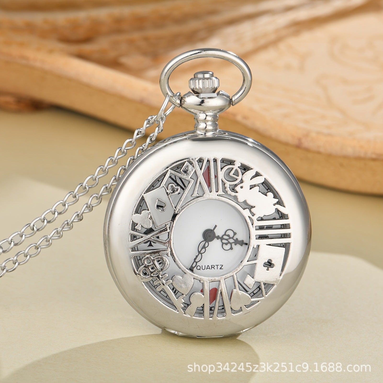 Wholesale Blue antique silver hollowed out flower rabbit poker pocket watch OLY Exclusive