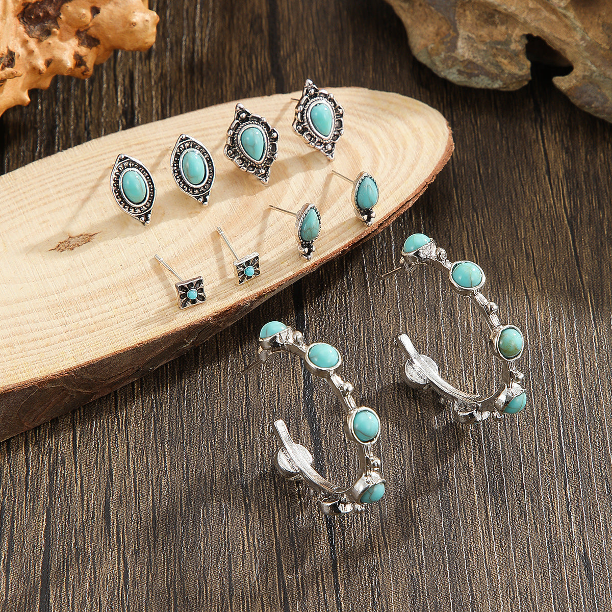 Wholesale Retro Bohemian Western Cowboy Skull Earring Set Imitation Turquoise Zinc Alloy Fashion Accessory For Party Or Everyday Wear