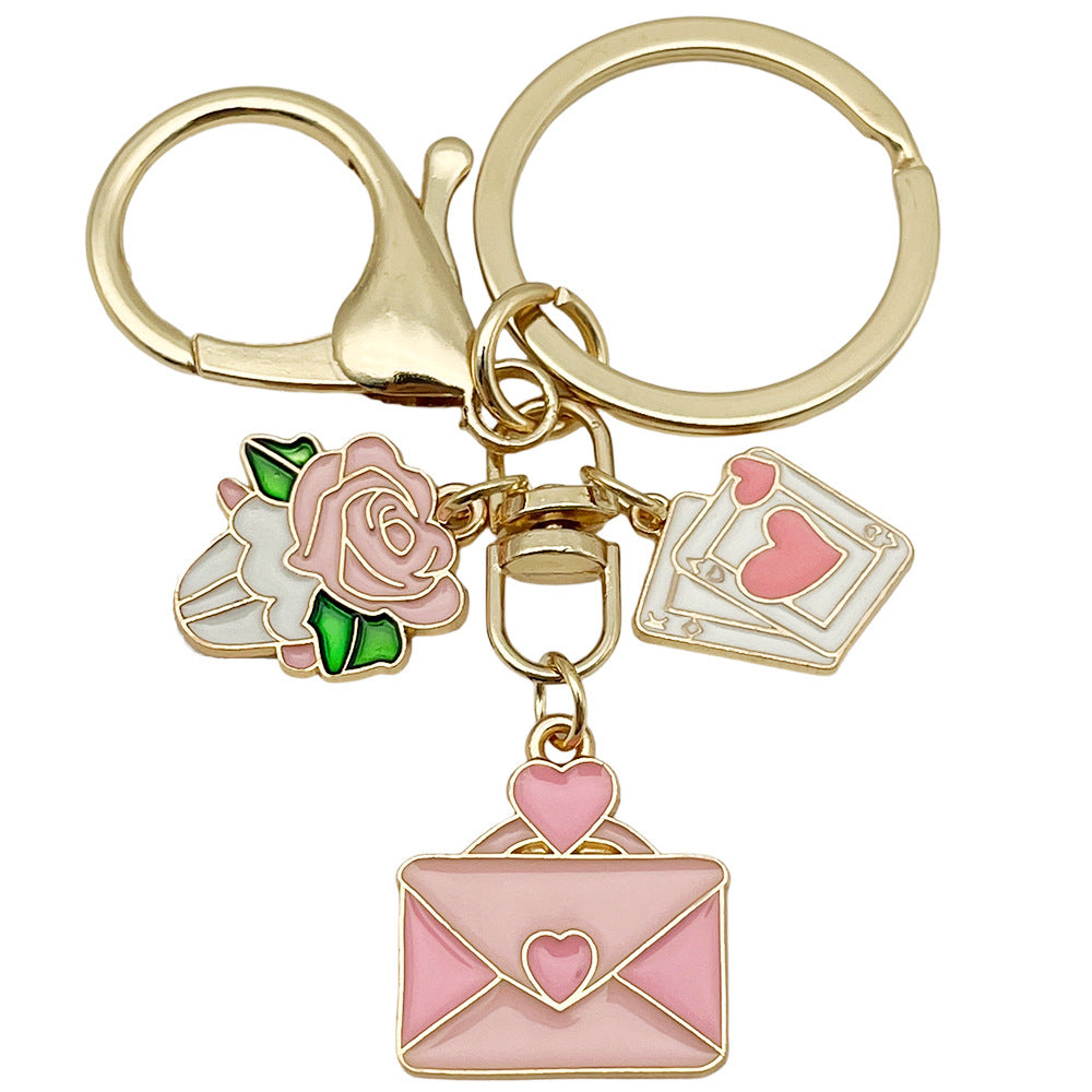Wholesale Valentine' s Day Oil Dripping Pink Love Heart Rose Keychain