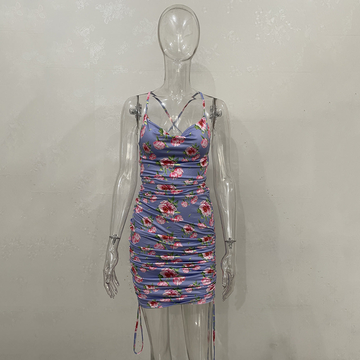 Wholesale Sexy Floral Backless Suspender Shirred Miniskirt