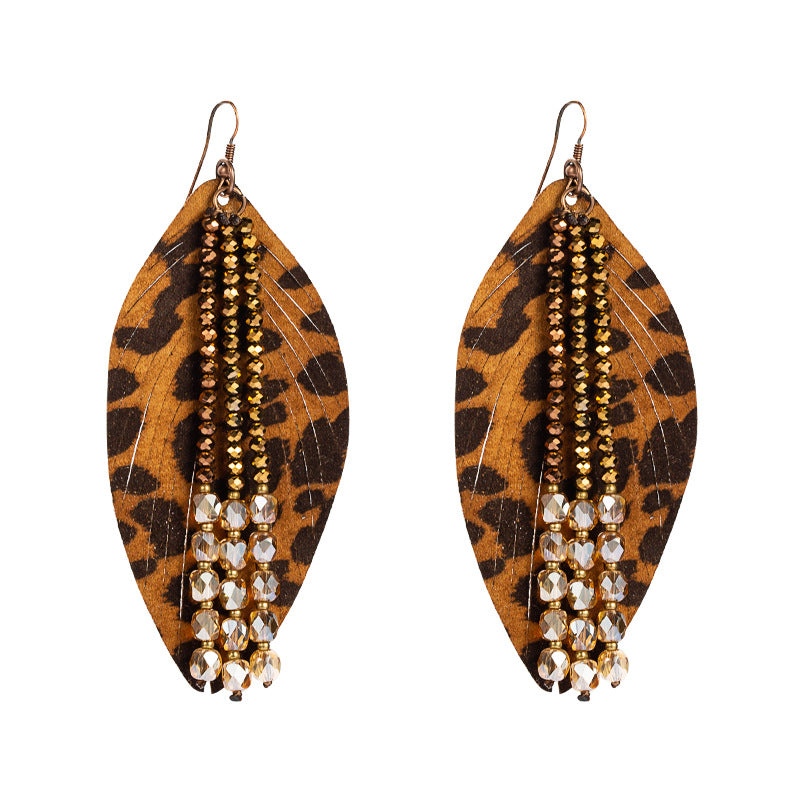 Wholesale Leaf Leopard Leather Crystal Tassel Earrings