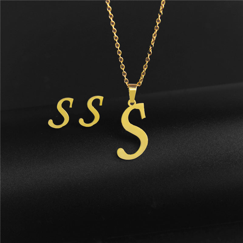 Wholesale Stainless Steel 26 Letter Necklace Earrings Two Piece Set
