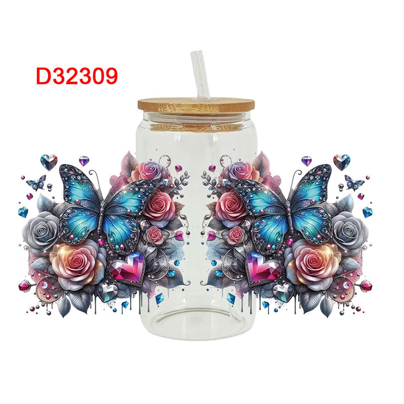 Wholesale Colorful Butterfly Flowers 16oz Cup UV DTF Wraps