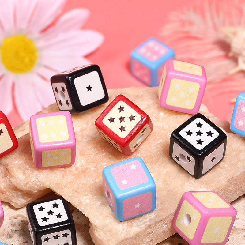 Wholesale 50pcs Macaron Five-pointed Star Dice Printed Square Beads Acrylic Square Mobile Phone Chain Keychain Diy Beads