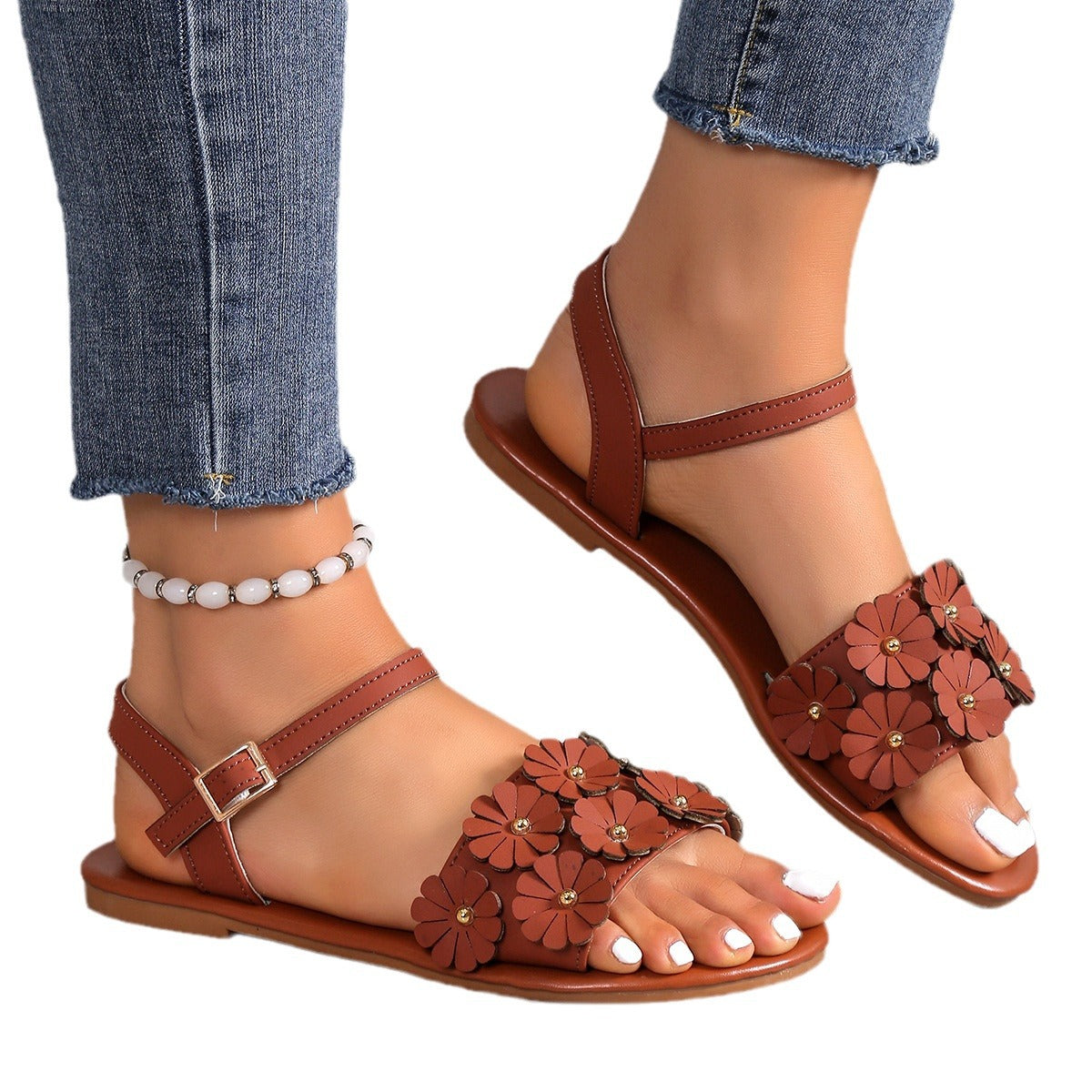 Wholesale Round Toe Flat Sandals with Small Floral Prints