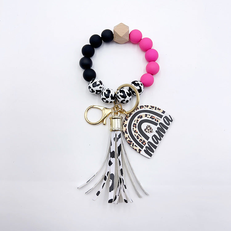 Wholesale Lacquer Round Beads Cow Pattern Wooden Beads Rainbow Wooden Sign Tassel Bracelet Keychain