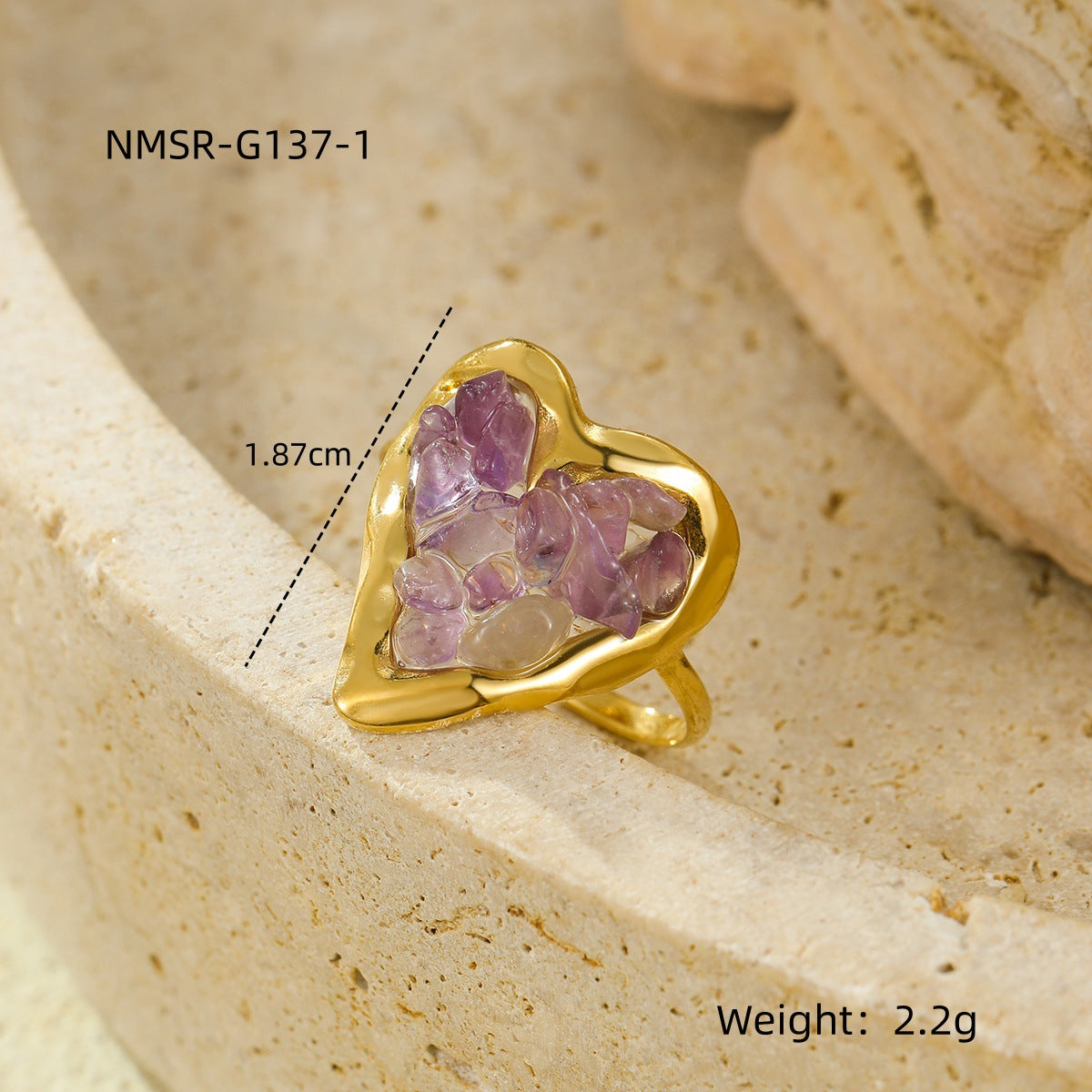 Wholesale Stainless steel plated heart ring with natural stone