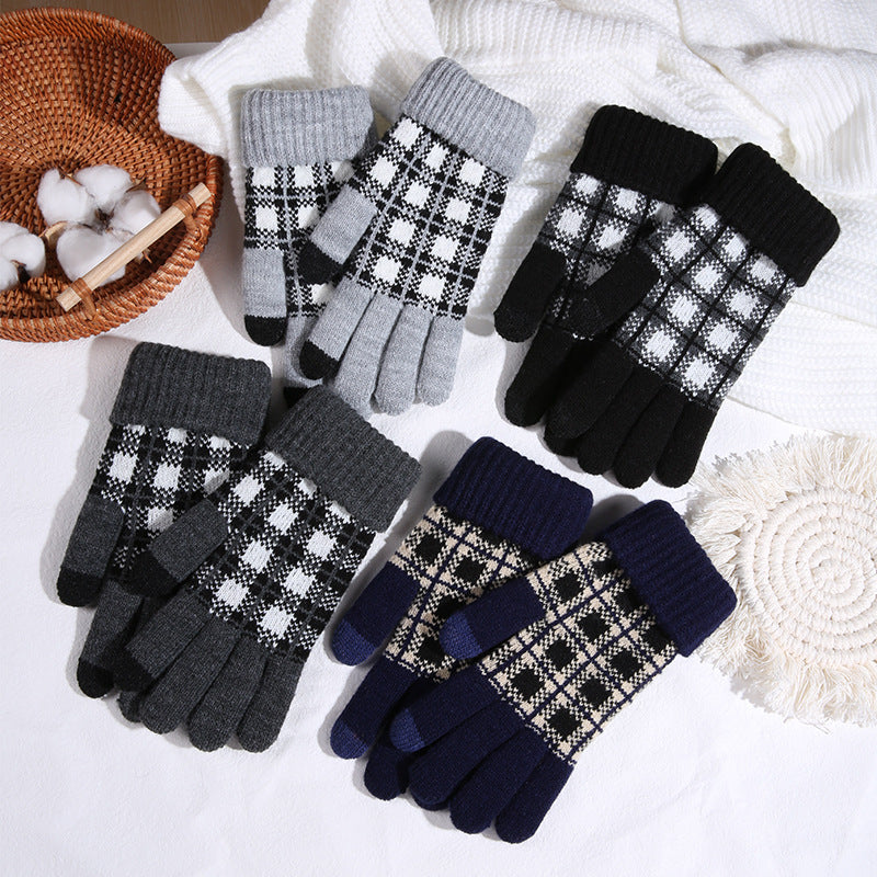 Wholesale Touchscreen Lattice with Plaid and Thickened Finger Warm Gloves