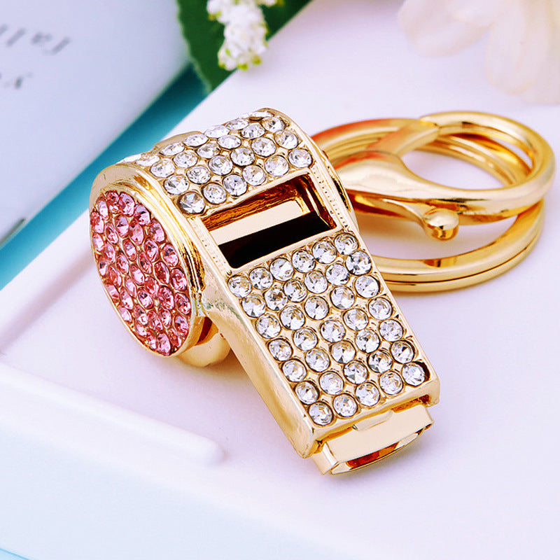 Wholesale Trendy Pink Metal Whistle Keychain With Leather Rope Rhinestone Chic Car Key Accessory Gift For Referee Boutique Resale