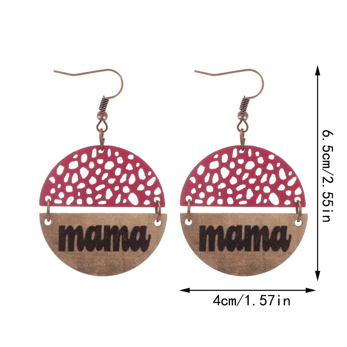 Wholesale Vintage Style MAMA Round Wood Chip Leather Earrings