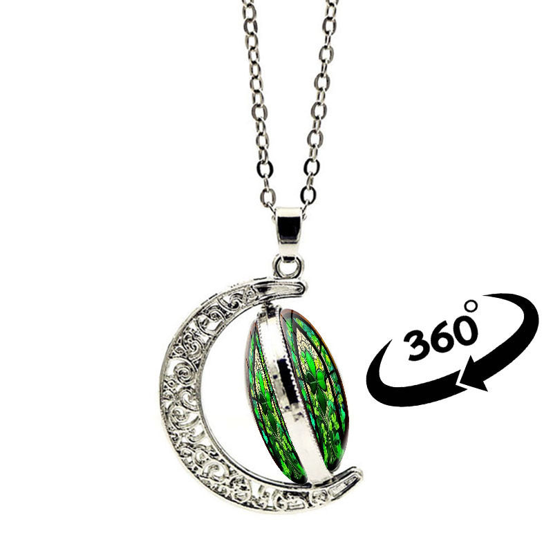 Wholesale St.  Patrick' s Day Lucky Clover Double sided Rotating Moon Necklace