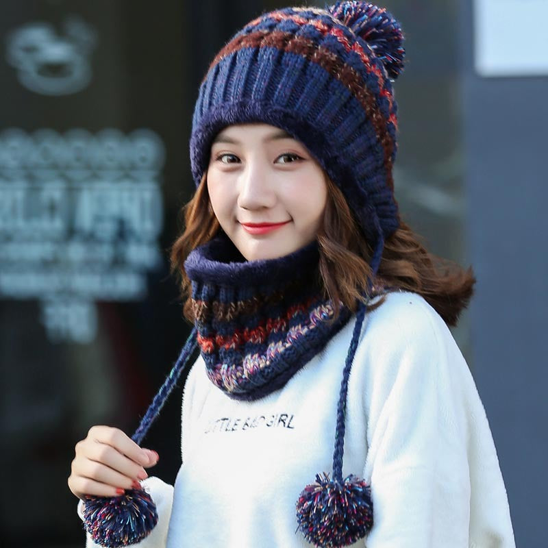 Wholesale Autumn and Winter Warm Ear Protection Plus Velvet Thickened Knitted Beanie and Acrylic Scarf Set