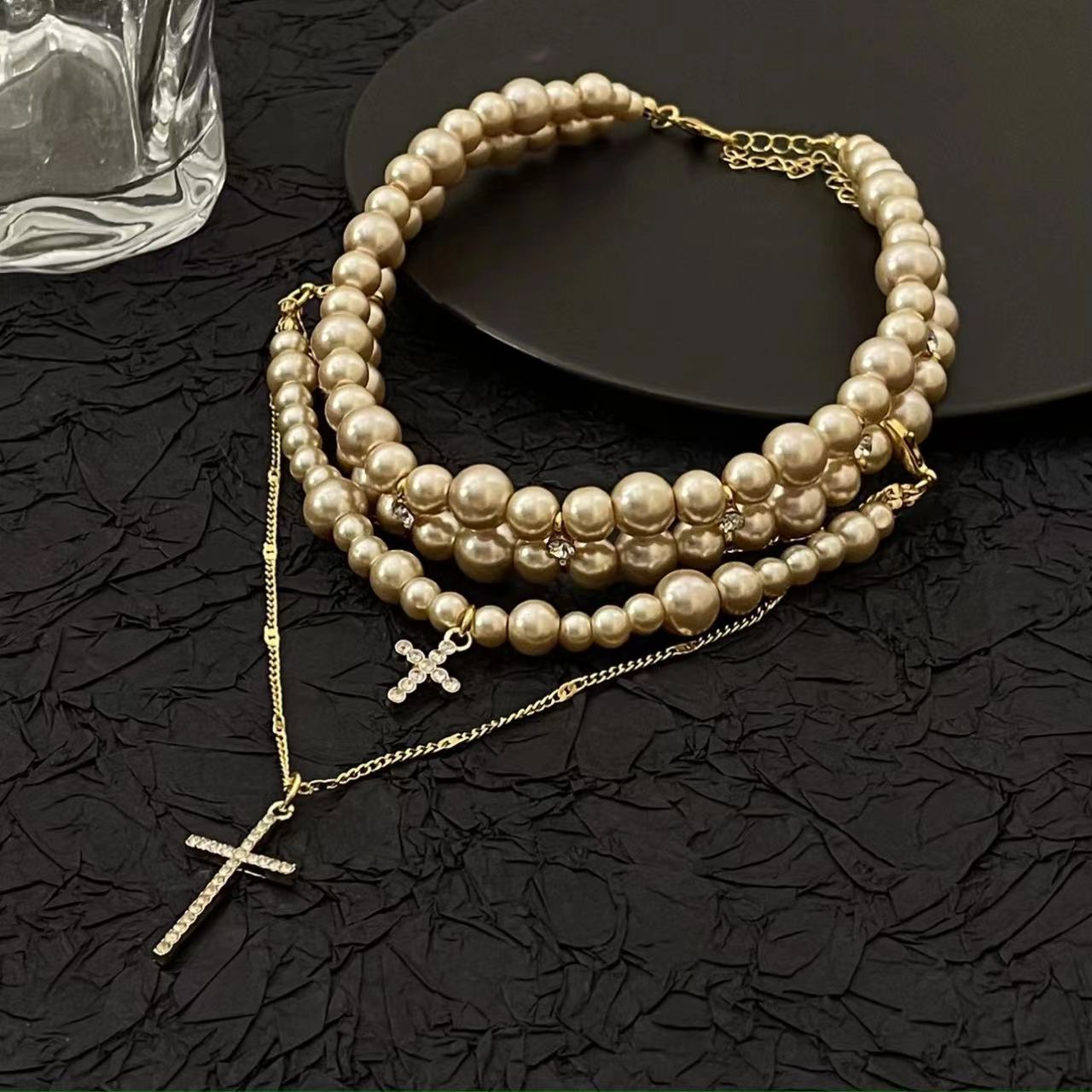 Wholesale Diamond-encrusted multi-layer pearl cross sweater necklace
