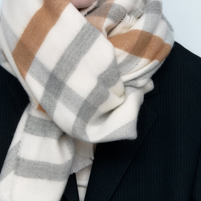 Wholesale Gray and White Plaid Imitation Cashmere Thickened Warm Scarves