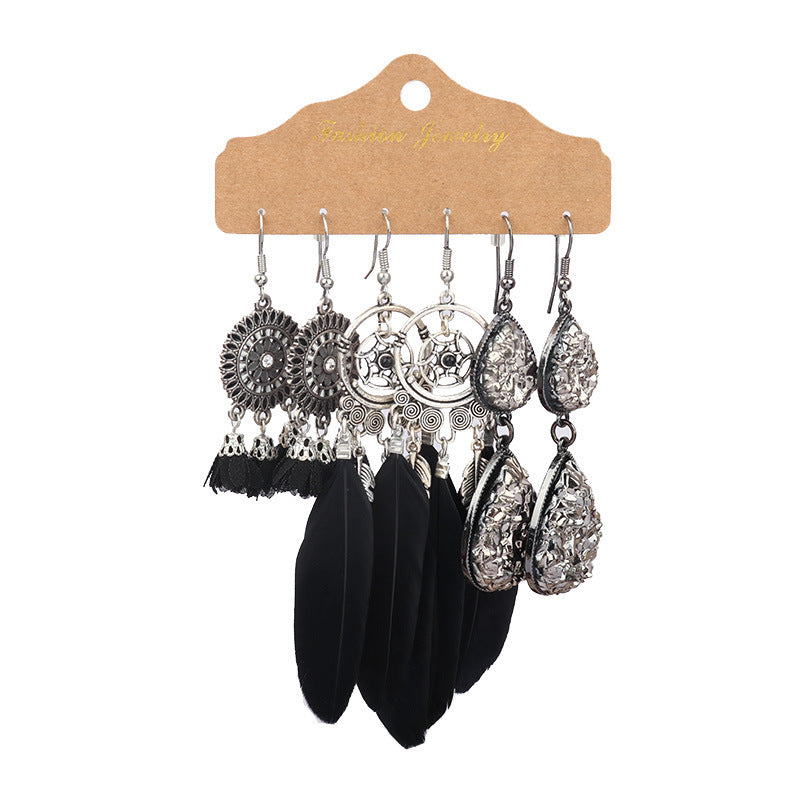 Wholesale Vintage Distressed Geometric Tassel Flower Earrings Set