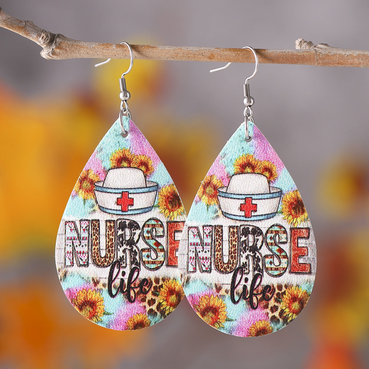 Wholesale Nurse' s Day western style leopard print sunflower  leather pendant earrings