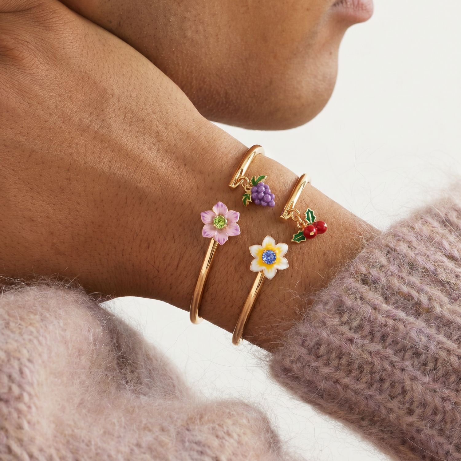 Wholesale Enamel Fruit Open Bangle Bracelet Gold Plated With Pomegranate Strawberry Cherry Watermelon Motifs Women S Fashion Jewelry Gift