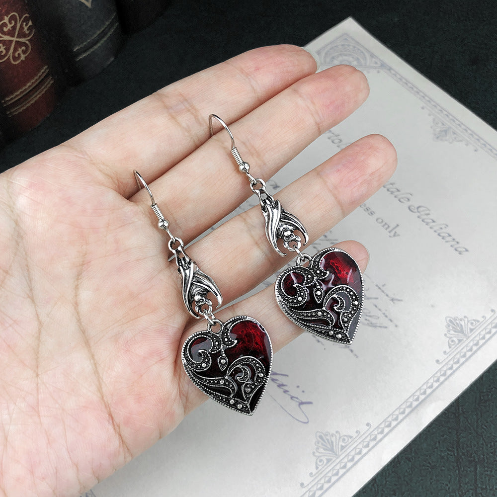 Wholesale Halloween Alloy Gothic Style Black Bat Dripping Oil Heart Shape Pattern Earrings