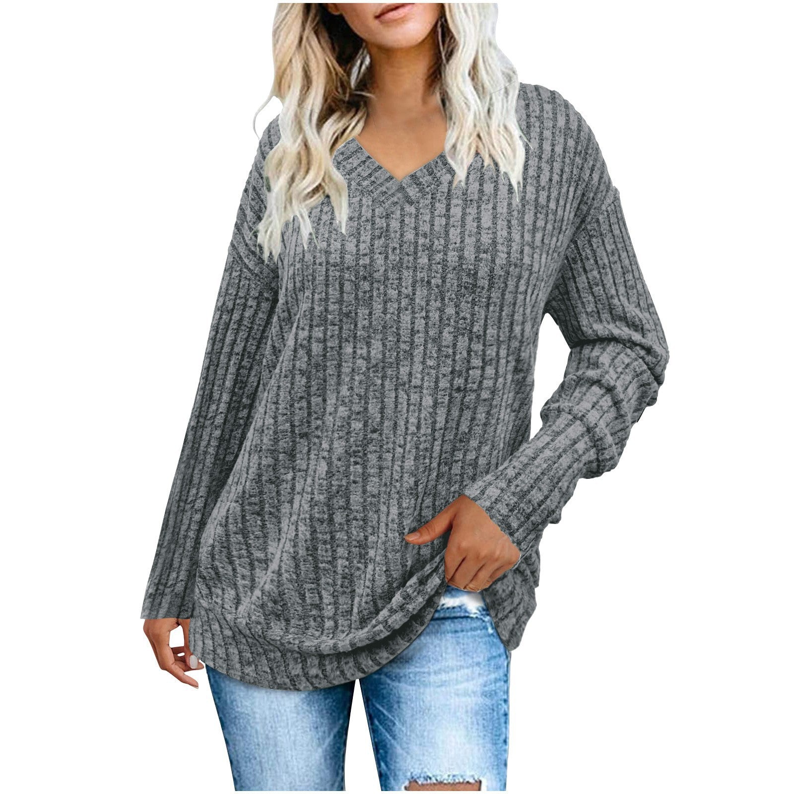 Wholesale women's long sleeve V-neck pit sanding knitted jacket T-shirt